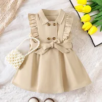 Wholesale Kids Girls Retro Solid Color Trench Belted Dress Double Breasted Elegant Summer Baby Dress 3