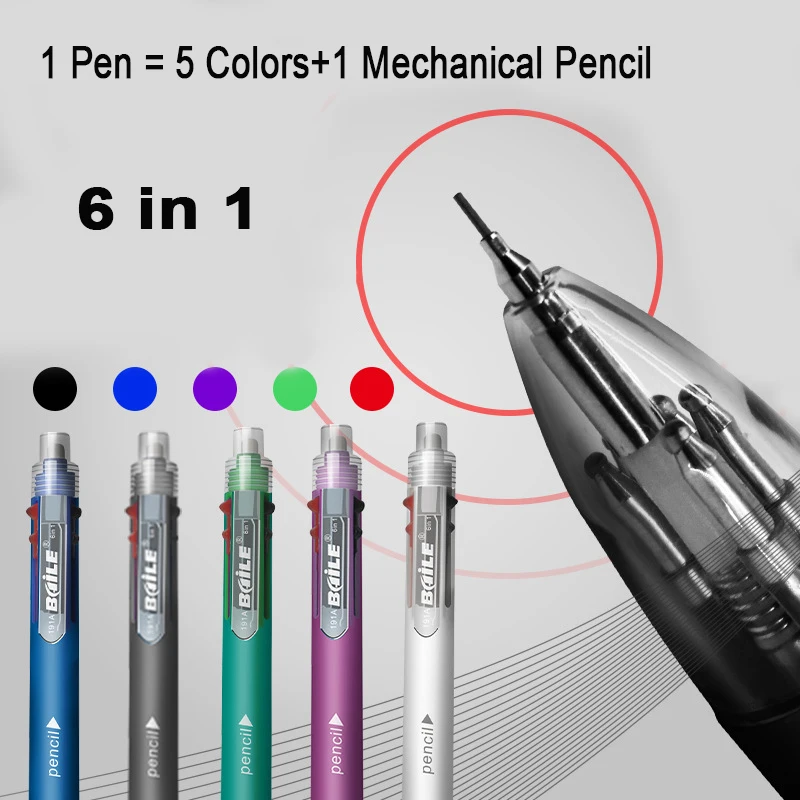 

6 in 1 Colored Ballpoint Pen 5 Colors and 1 Mechanical Pencil 0.7mm Multifunctional