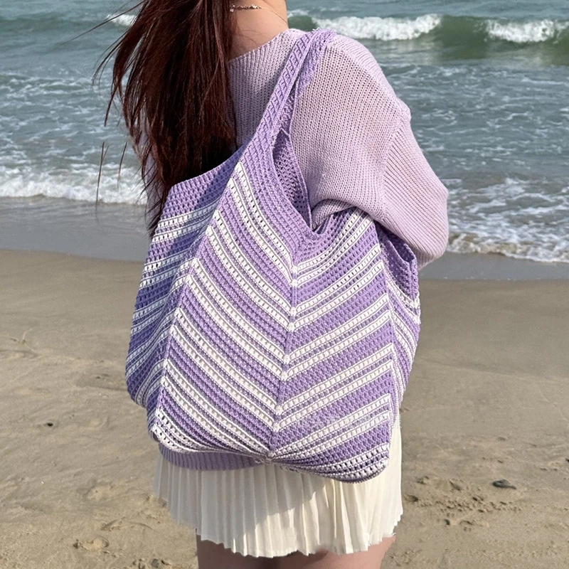 Crochet Beach Tote Bag Macramé Vacation Shoulder Bag with Colorblock Design Openwork Knit for Summer Travel Market Shopping