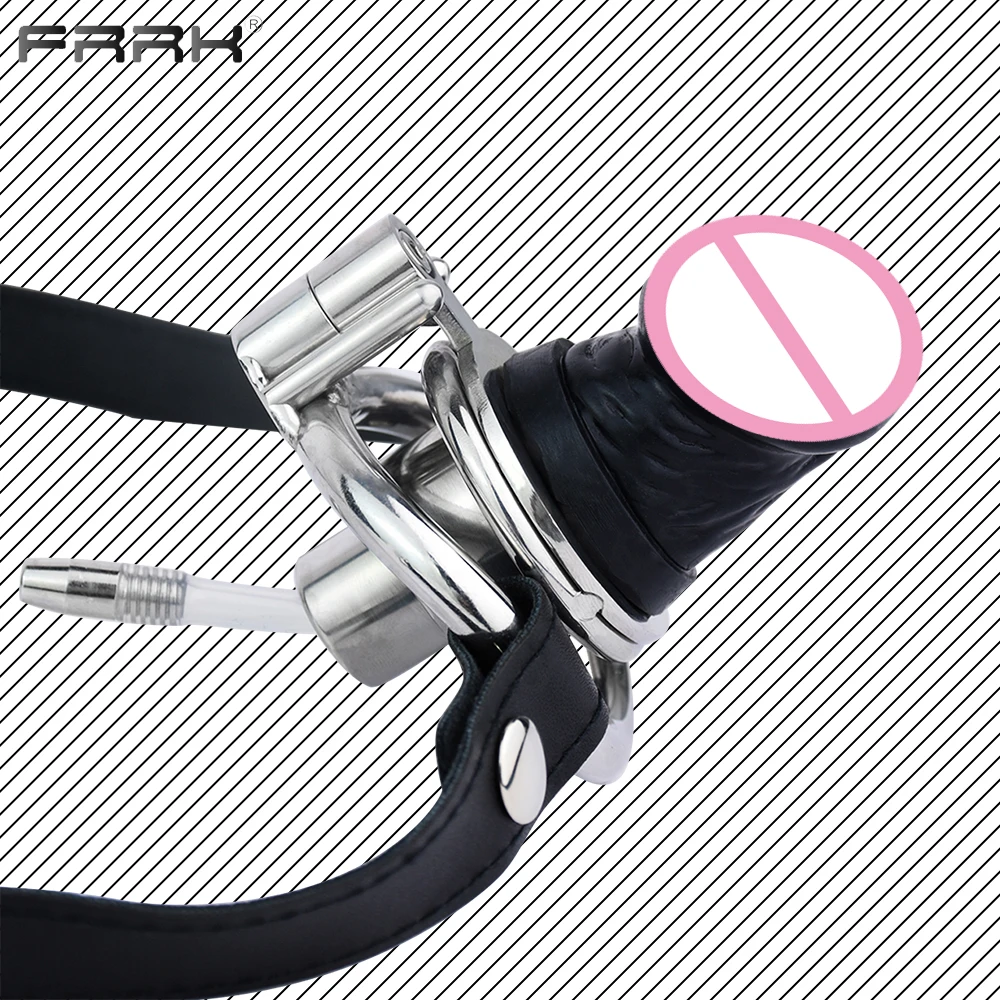 

FRRK Flat Chastity Cage with Black Dildo CBT Game Play Erect Denial Metal Negative Cock Ring Urethral Sex Tooys for Man 정조대