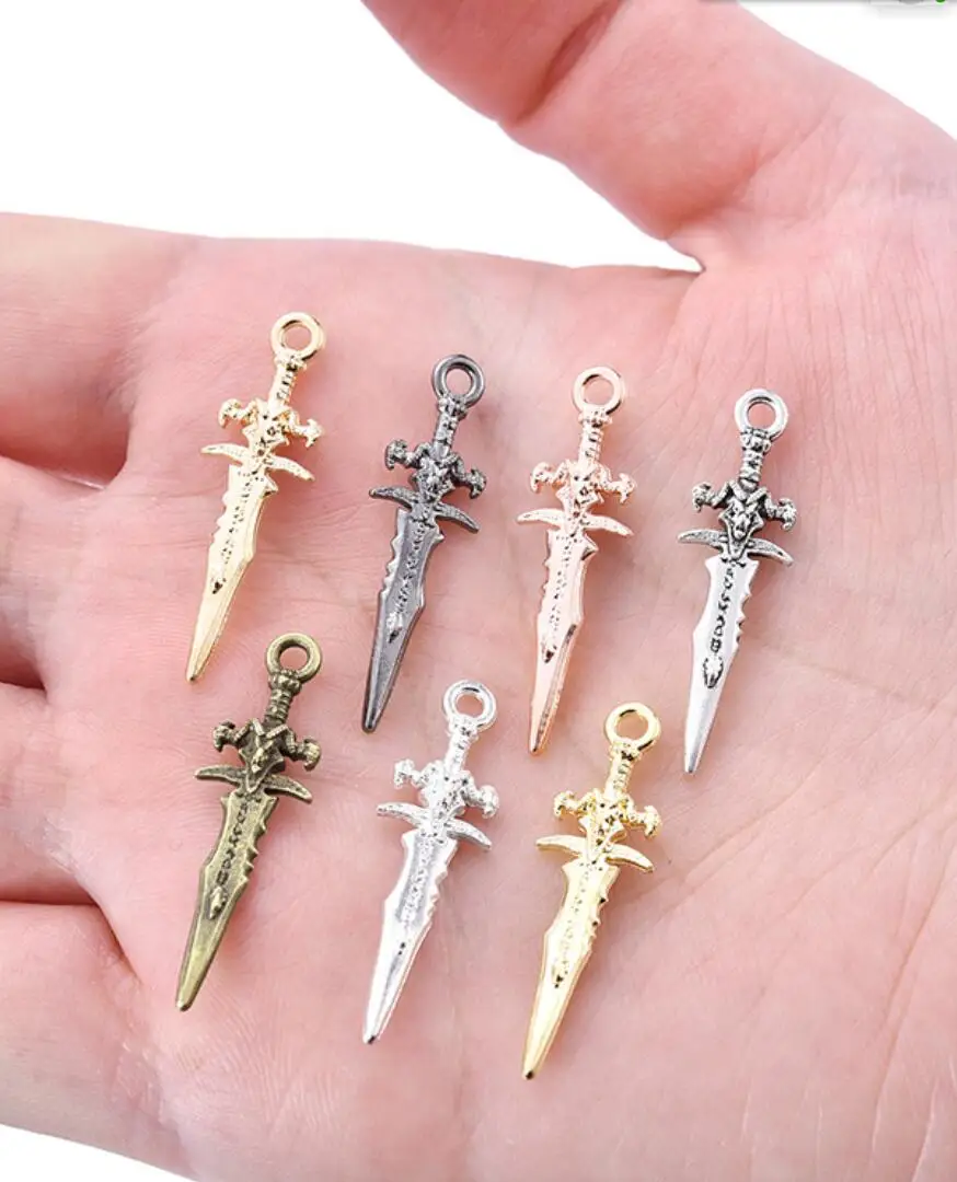 130PCS 31*9mm Alloy Antique Knight Sword Knife Gun Bow Charms For Jewelry Making DIY Handmade Weapons Pendant F0036