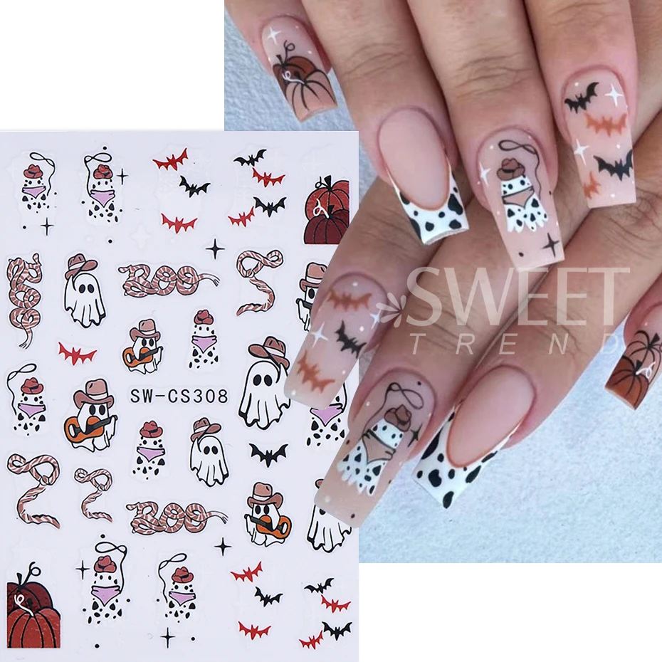3pcs Halloween Spider Web Nail Stickers 3D Self Adhesive Cartoon Ghost Spider Bat Pumpkin Nail Decals DIY Manicure Decoration