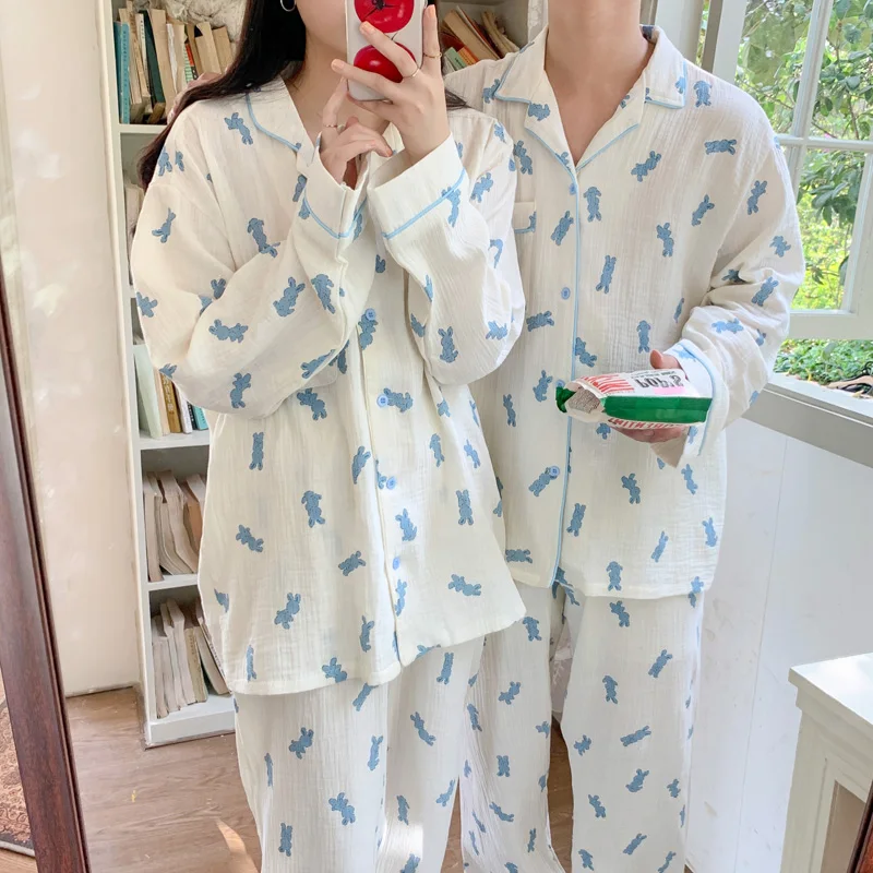 

Осенний пижамный комплект с мультяшным Кроликом, Женская однобортная рубашка + брюки, хлопковый Свободный Повседневный домашний костюм, милый мягкий костюм для влюбленных пар