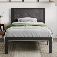 Twin Size Platform Bed Frame with Upholstered Headboard, Metal Slats Support, Button Tufted Square Stitched Headboard 1