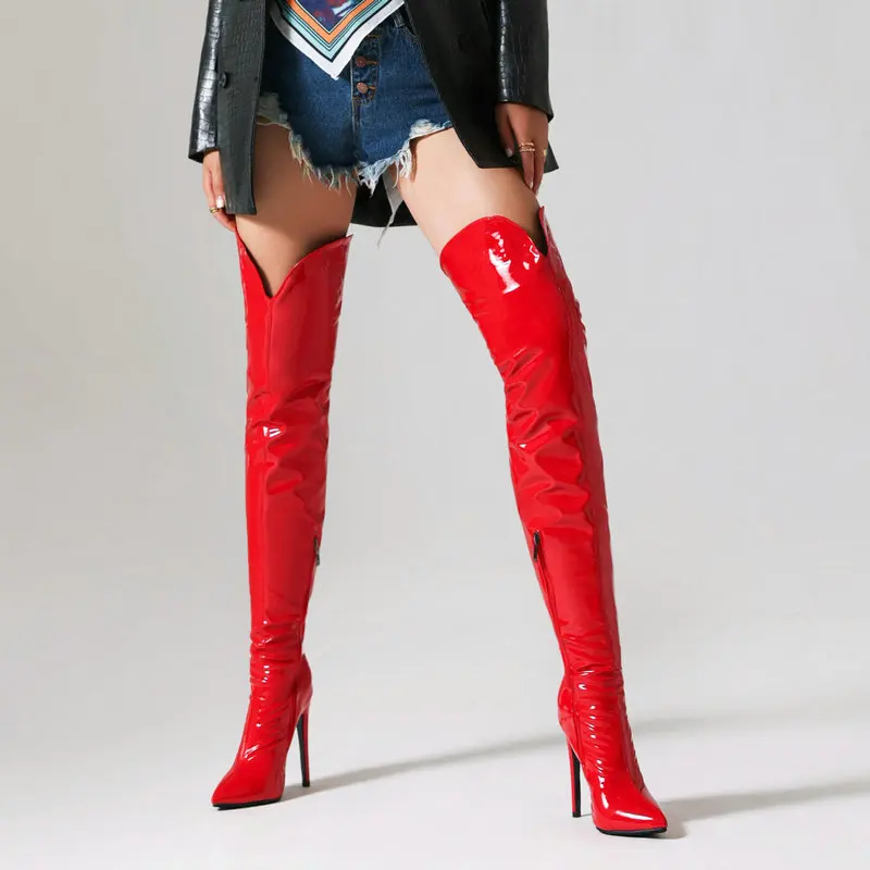 

Patent Leather Faux Suede Pointed Toe Super Thin High Heels Stripper Shoes Front V-cut Design Overknees Thigh High Strech Boots