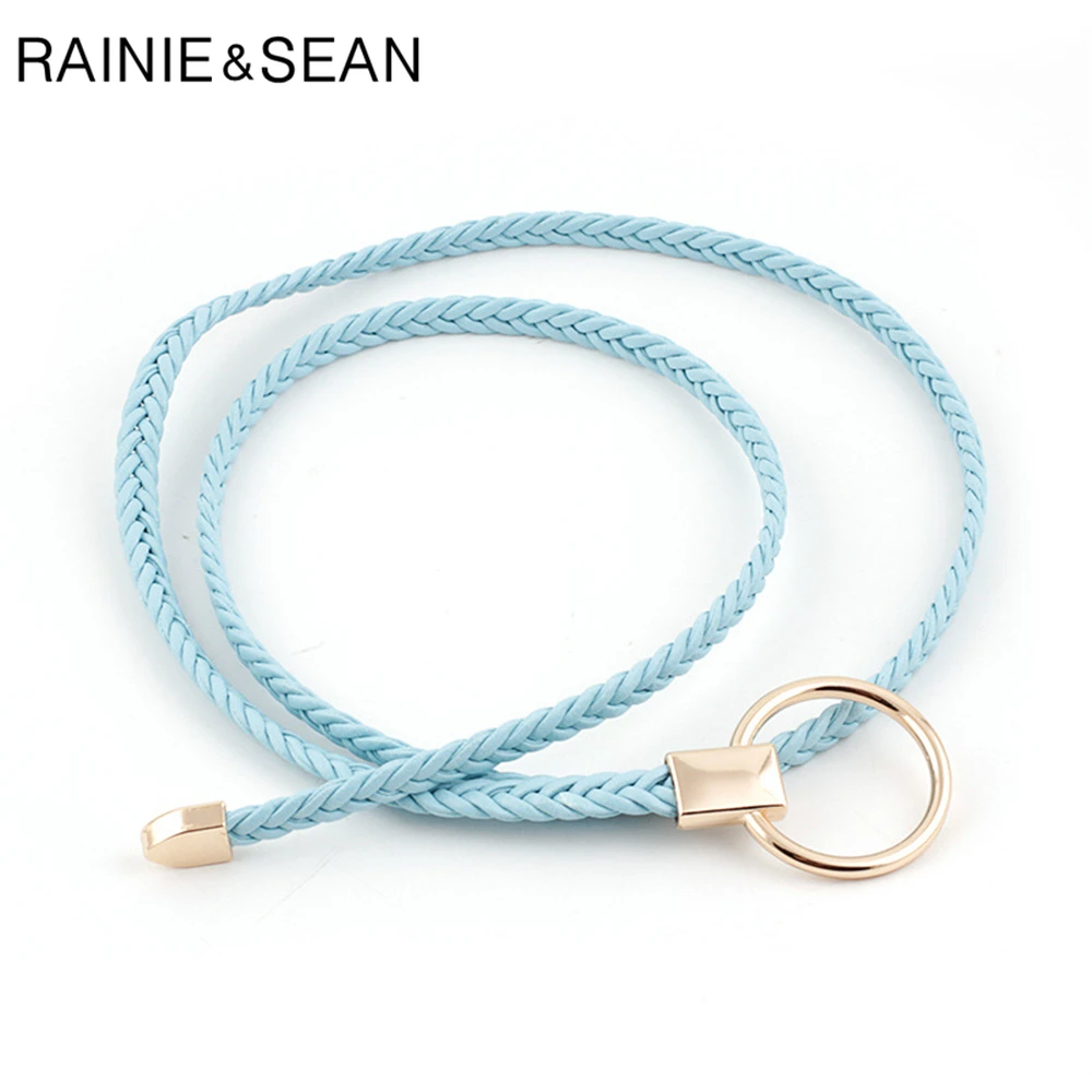 RAINIE SEAN Thin Belt Women Weave Pu Leather Fashion Ladies Strap for Dresses Solid Light Ble Pink Red Camel Self Tie Women Belt