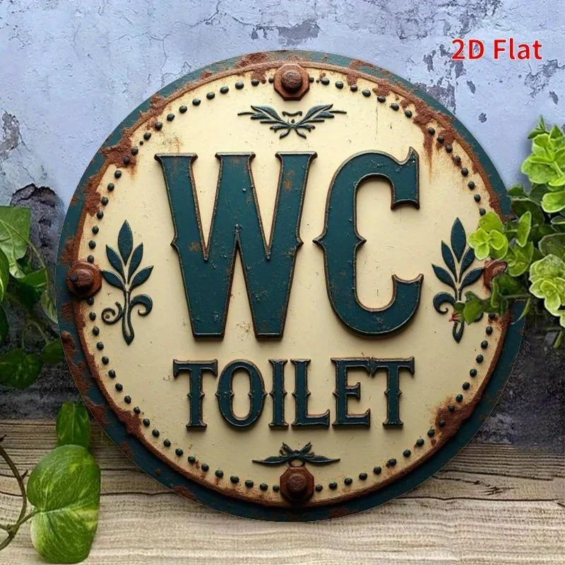 Das 2D-flache 1-teilige runde Toilettenschild aus Holz im Retro-Stil – „WC Toilet“ verfügt über eine einfache Design- und perfekte Raumdekoration – Detail 6
