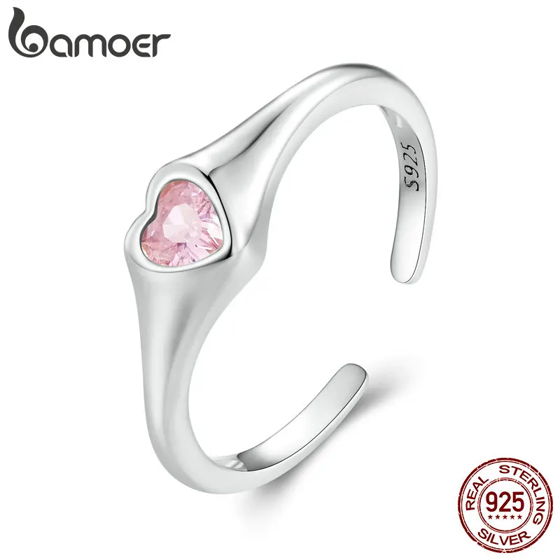 

Женское регулируемое кольцо Bamoer, 925 пробы, серебряное, штабелируемое кольцо с розовым сердцем, вечерние
