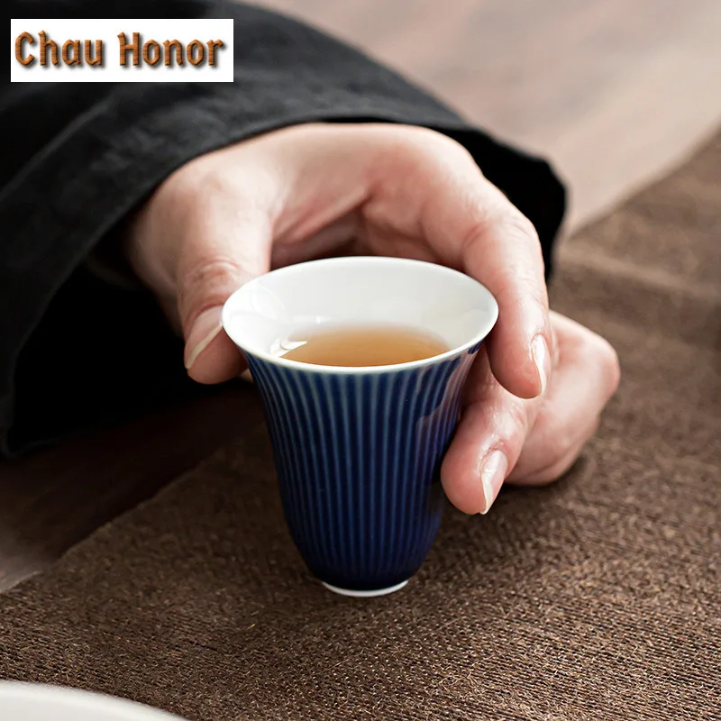 2pc/Set 35ml Striped Ji Blue Ceramic TeaCup Cup Kung Fu Tea Maker Single Master Cup Smell Cup Kung Fu Tea Set Drinking Teaware