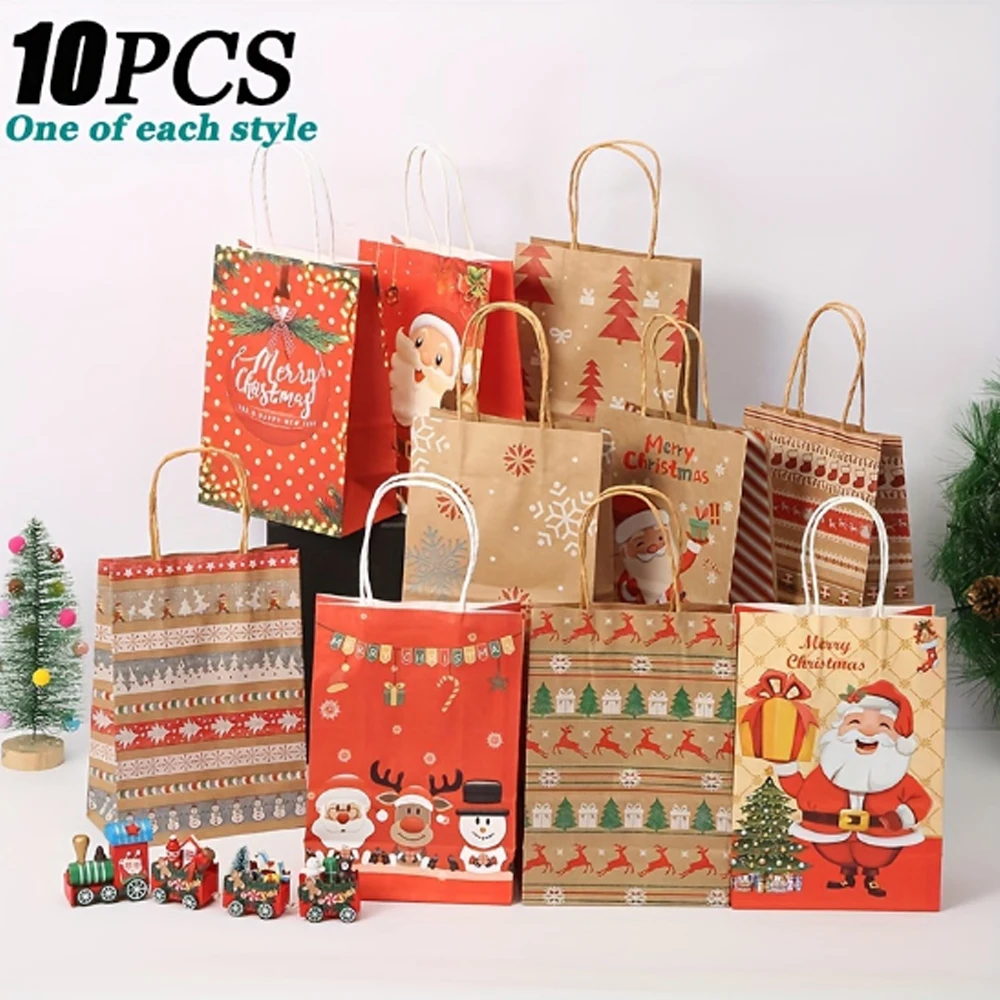 10PCS Christmas Gift Bags Gift Paper Bags Holiday Party Wrapping Kraft Paper Multi-style Christmas Decoration