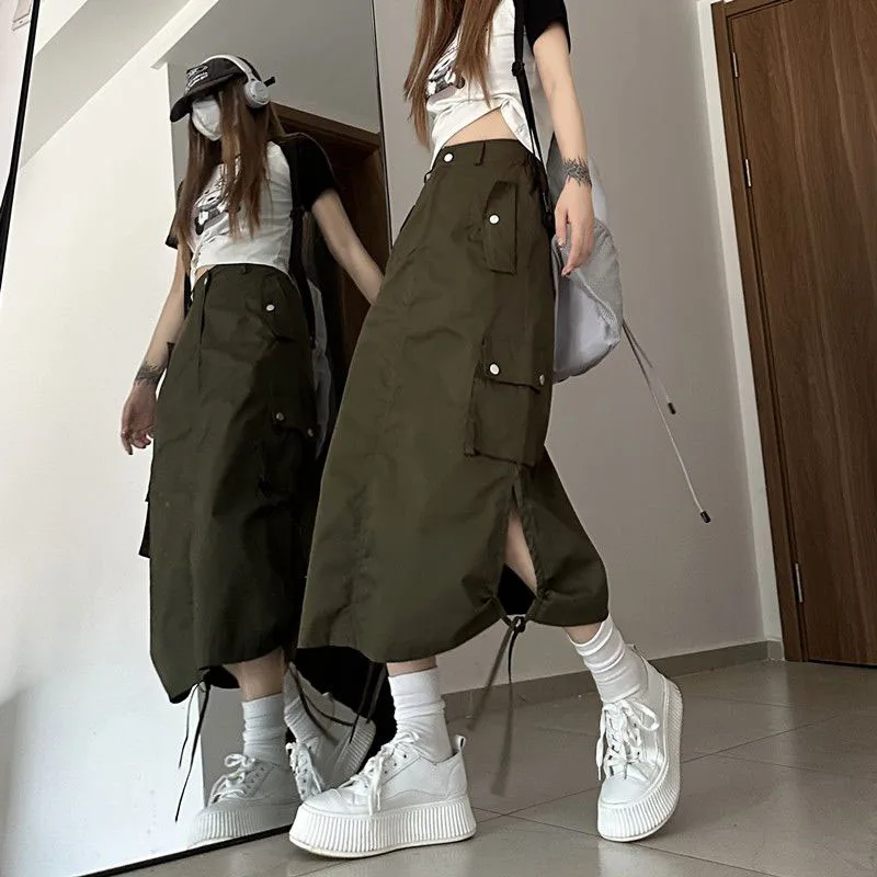 Lucyever Y2K Drawstring Parachute Skirts Women High Street Side Split Cargo Long Skirt Female Casual Multiple Pocket