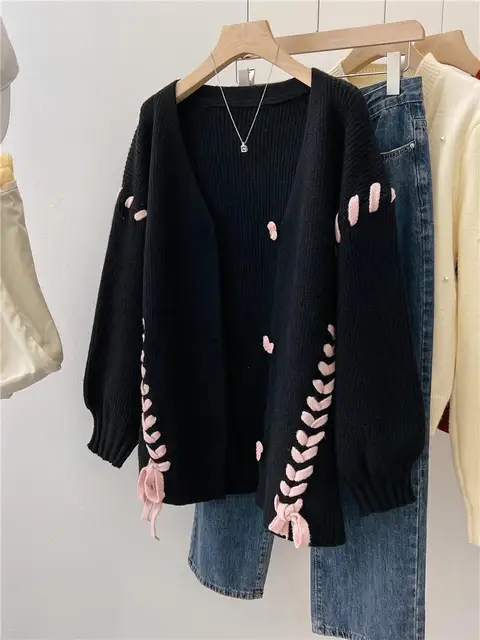 귀여운 소녀 뜨게 스웨터와 카와이 가디건 코트, QueMayRee 브랜드의 느슨한 소매 니트 가디건