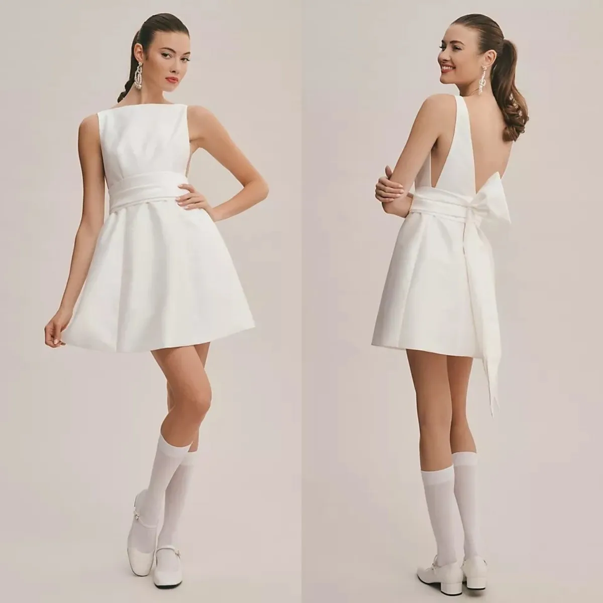 

Solid Satin Wedding Dresses for Women Sleeveless Backless Short Party Gown with Bow Sash Casual Vestidos De Novia