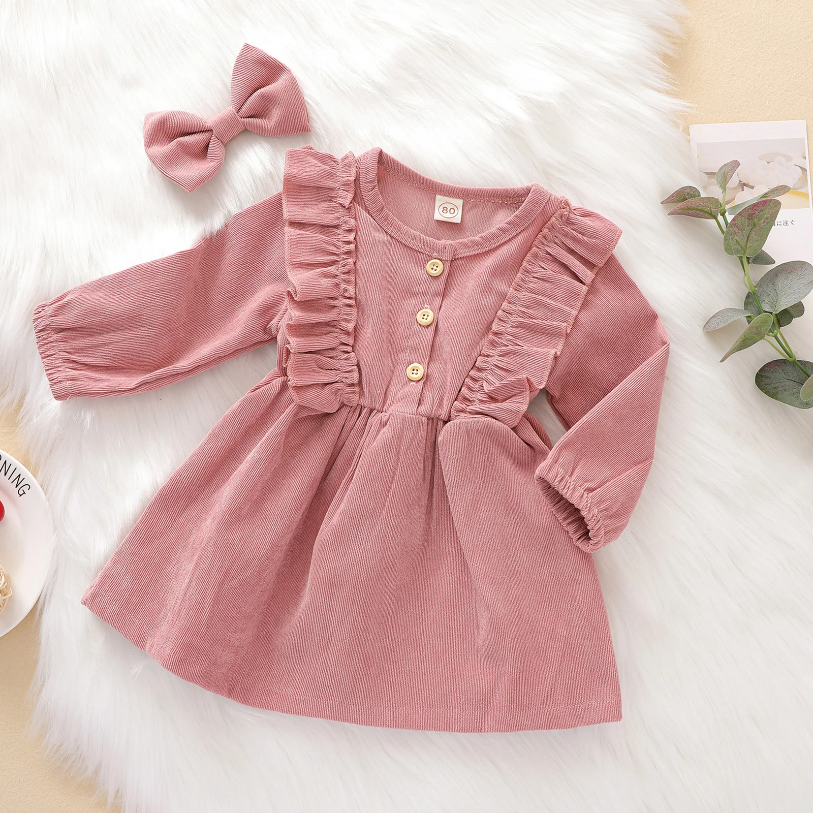 

6M-5Y Spring Autumn Children Girls Kid Baby Corduroy Dress Vintage Long Sleeve Ruffles Tutu Dress For Girls