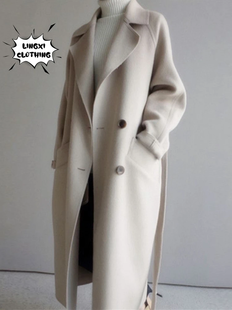 

2023 Autumn/Winter Extended Women's Coat Elegant Polo Neck Tie Waist Skirt Warm and Thickened Wool Coats Jackets Women