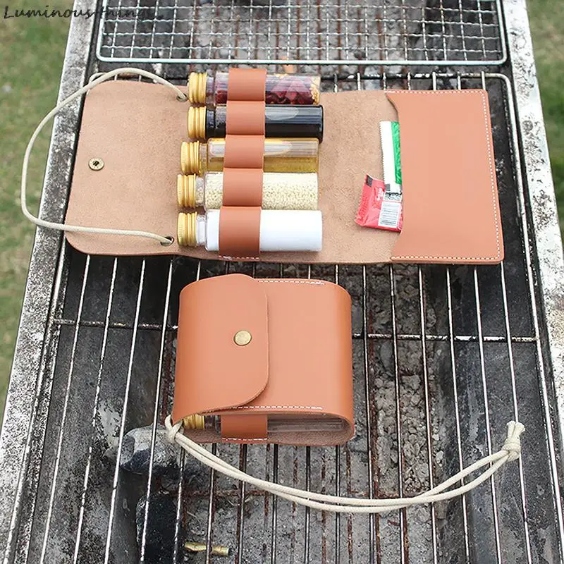 1X Outdoor Spice Bottle Set Portable Folding Leather Waterproof Large Capacity Camping Hiking Picnic BBQ Seasoning Bag
