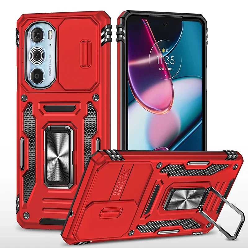 Armor Shockproof Phone Case with Sliding Window Lens Protection and Metal Ring Holder Back Cover