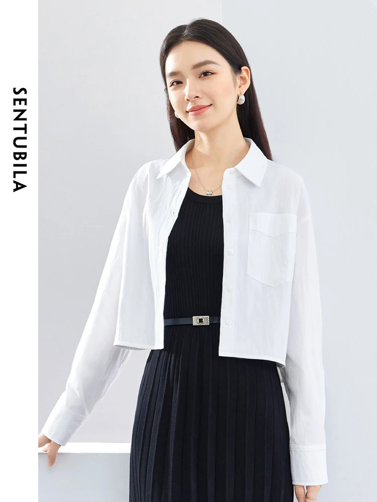 SENTUBILA Spring Button Up Short White Shirt for Woman 2024 Fashion Loose Cotton Women Blouse Drop Sleeve Tops Clothes 141C52946