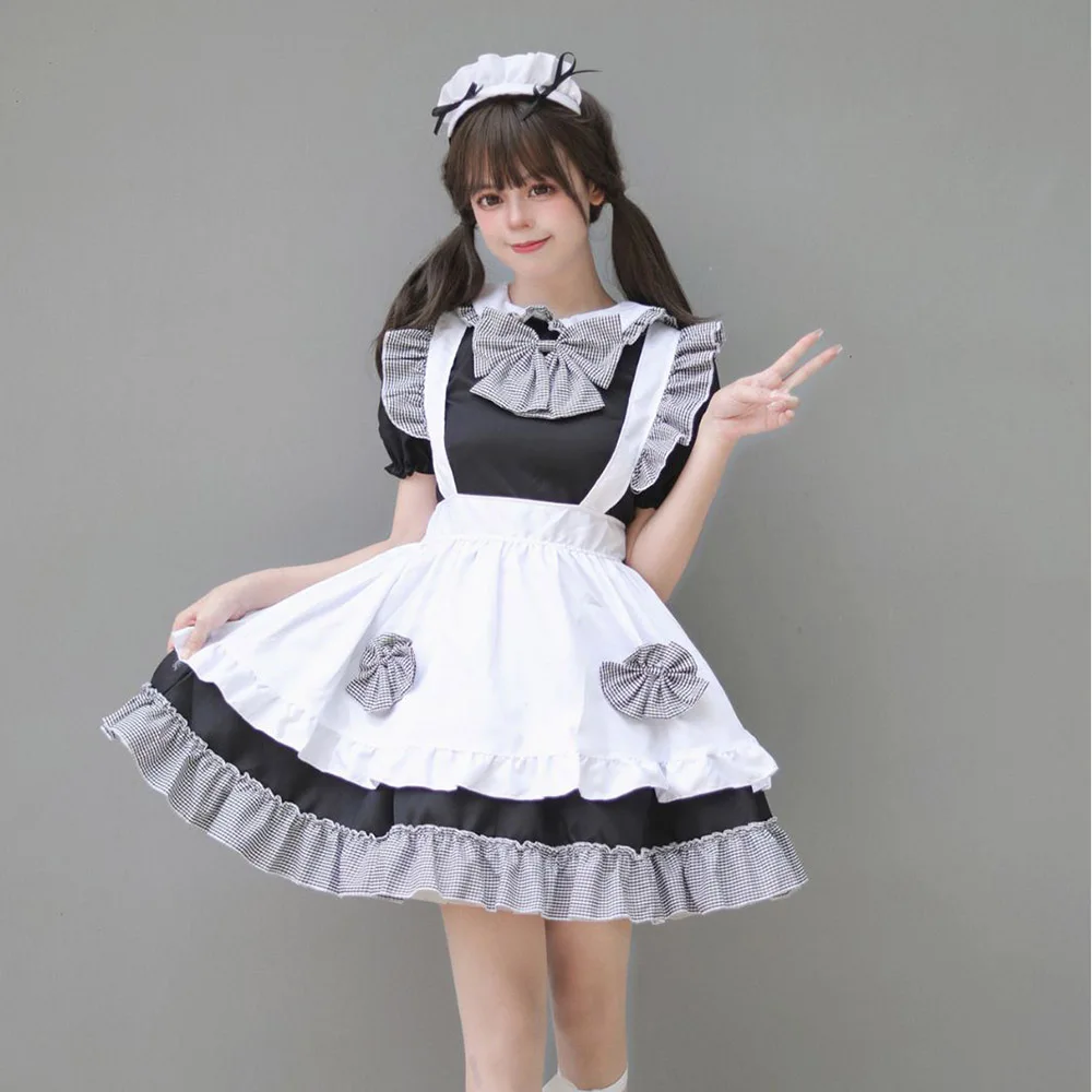 

Black White Plaid Cute Lolita Maid Dress Costumes Cosplay Bow Strip Maid Dress Suit for Waitress Maid Party Costumes S -5XL