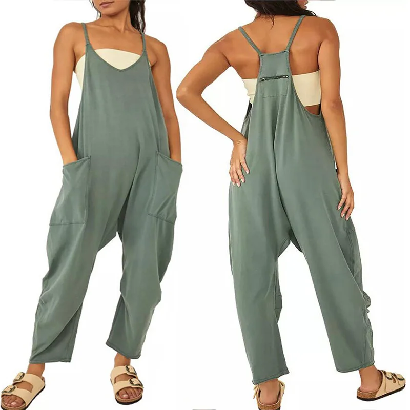 Jumpsuit For Women Zipper Solid Casual Loose Wide Leg Harem Pant Bib Overalls Woman Pockets Sleeveless Strap Baggy Pants Rompers