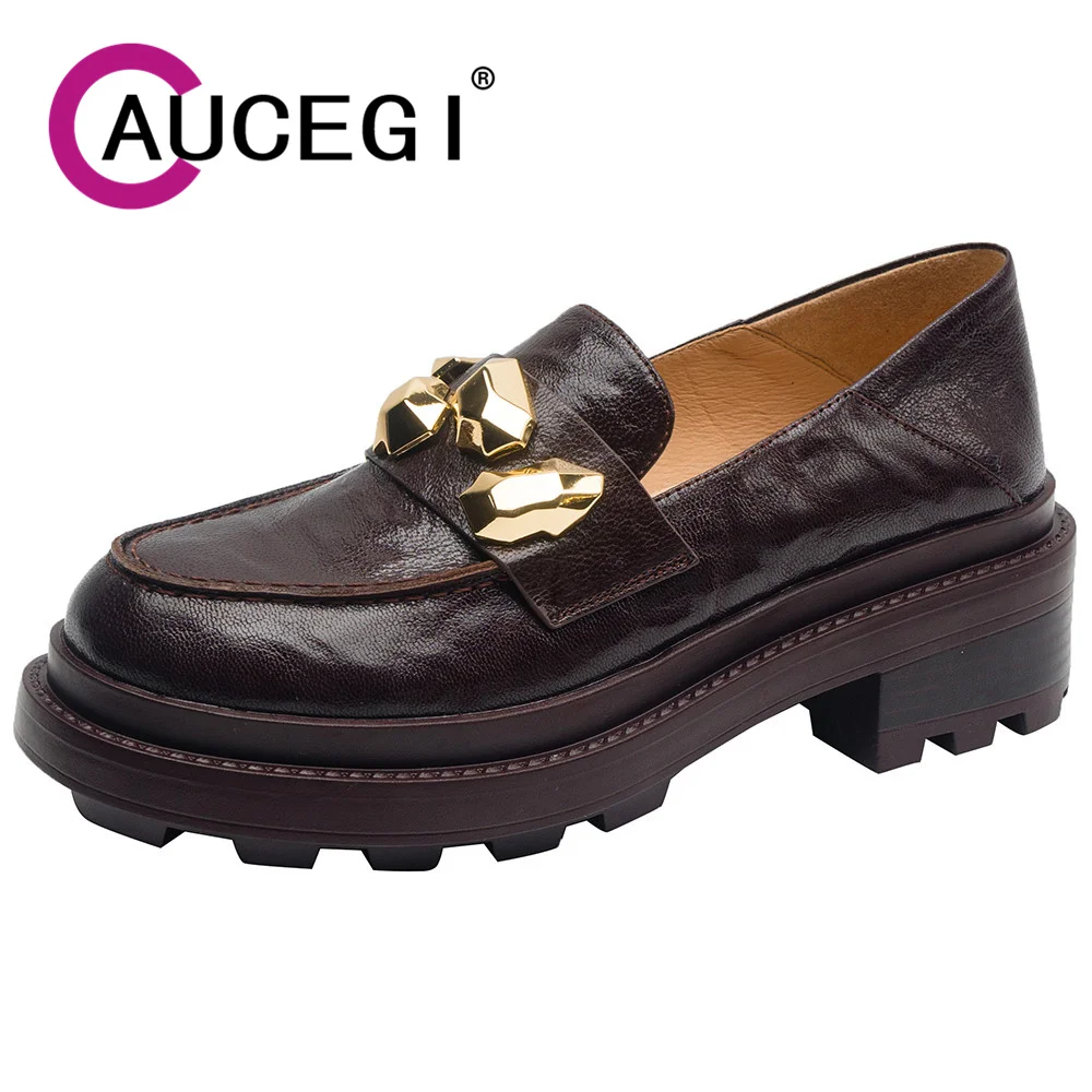 

Aucegi Black Brown Loafers Women's Pumps Classic Round Toe Slip On Metal Decoration Punk Style College Student Hot Sale Shoes
