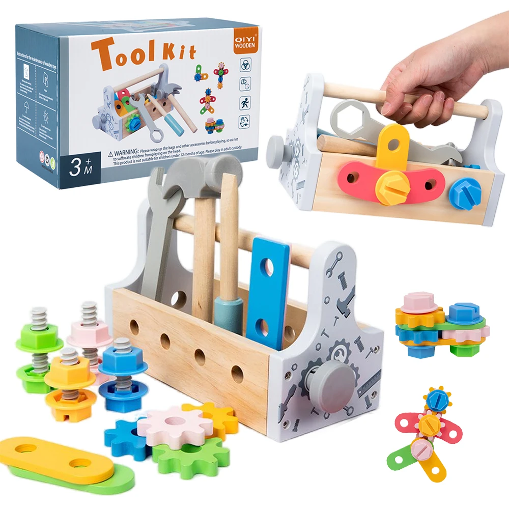 Children Toolbox Wooden Toys Pretend Play Set Nut Disassembly