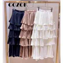 Cozok Japanese High Waist 2022 New Women A Line Jupes Elegant Lady Style Mujer Faldas Solid Color Side Slit Chiffon Skirts