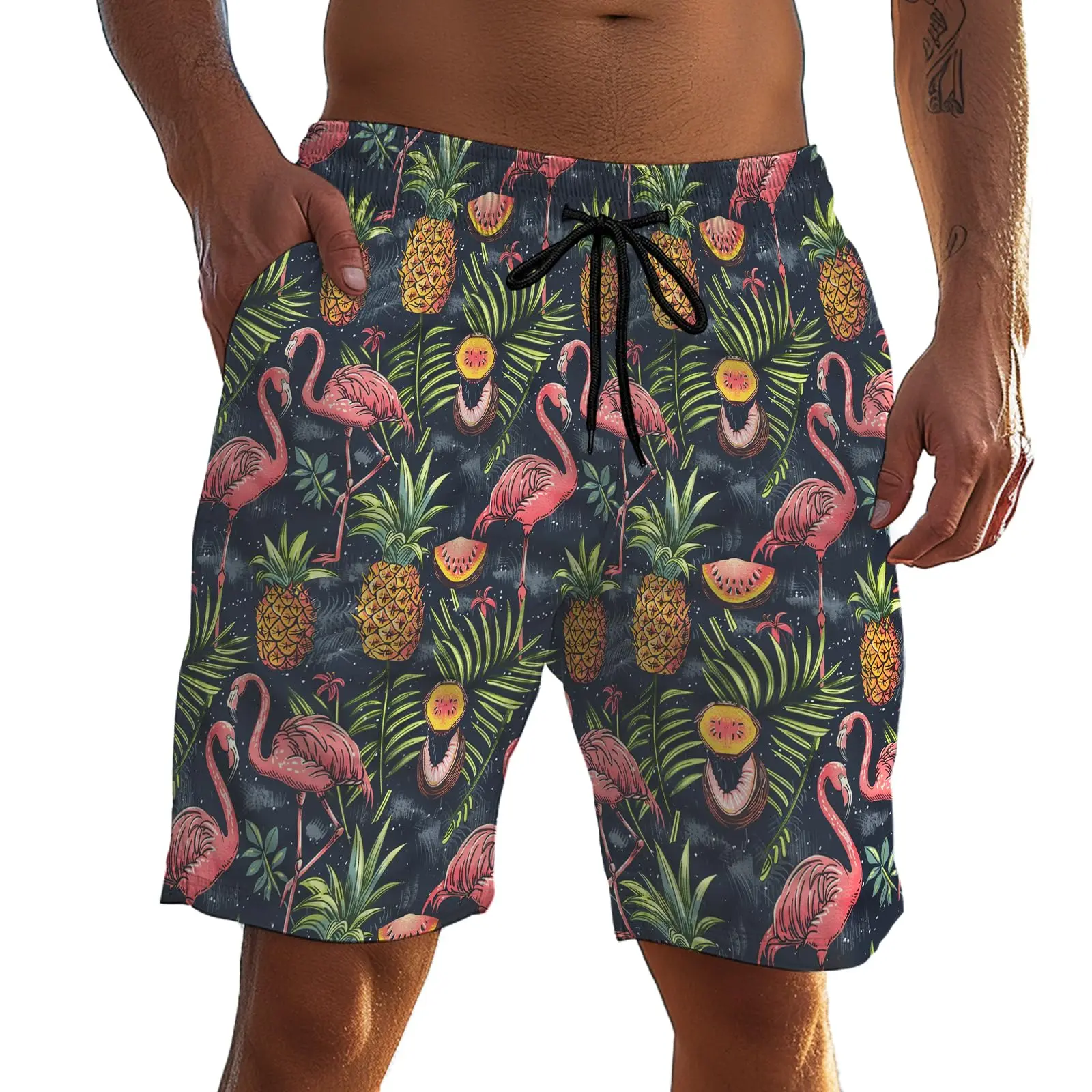 Mens Casual Beach Shorts Flamingo Print Surfing Trunks