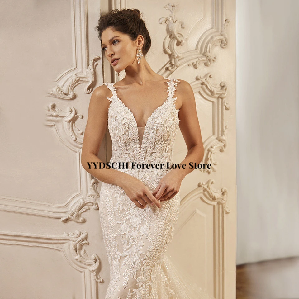 Funkelndes Netz-Spitzen-Meerjungfrauenkleid mit Tiefem V-Ausschnitt 2026 Sexy Illusion Rückenfreies Applikationen-Brautkleid Vestido De Noiva – Detail 4