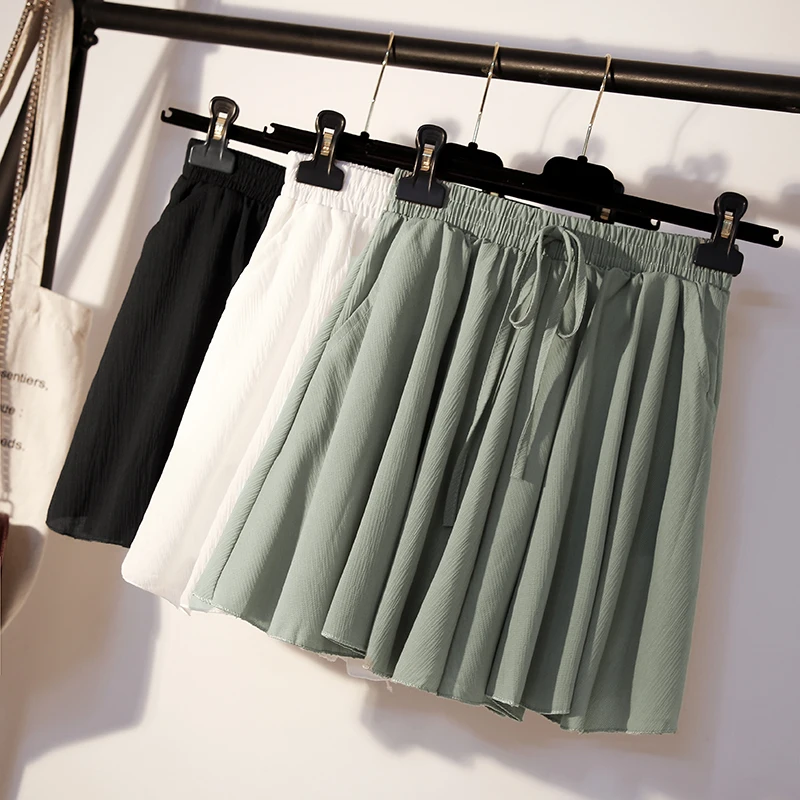 Loose Leisure Solid Shorts Women High Elastic Waist Summer Chiffon Lace-up All-match 4XL Sweet Korean Style Chic Fashion Flare