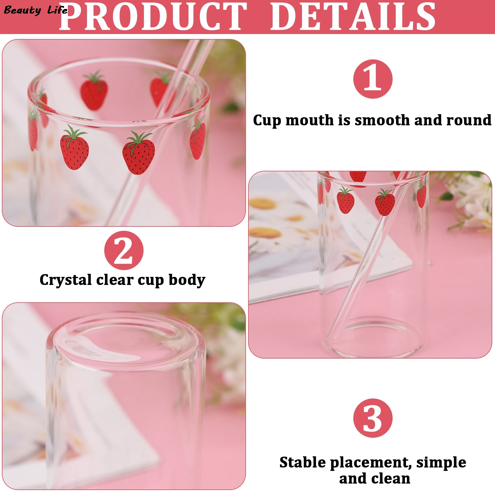 Kawaii Style Mugs Strawberry Glasses Cup Coffee Milk Water Glass Cups with Straws Clear Cute Juice Gifts for Girl Lady Set Ins glass measuring cup,glass cup,glass mug,coffee glass cup,heat resistant coffee glass cup,glass coffee mug,glass tea cup,glass tumbler,glass whiskey cup,glass straw cup