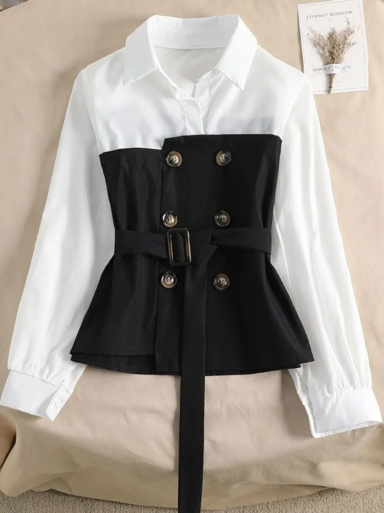 우아한 여성용 시폰 셔츠, 한국 블라우스, 오피스 레이스 메쉬, 긴팔 프릴, V 넥 탑, 캐주얼 빈티지 풀오버, 블라우스 2022 8 여성 단색 스플라이스 셔츠, 통근용 폴로 넥 버튼, 불규칙 밑단 허리 끈 블라우스, 봄 가을 패션