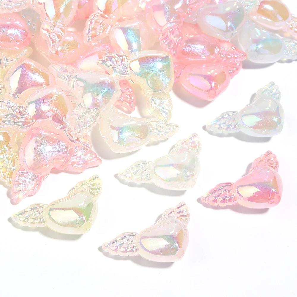 10Pcs 35x21mm 아크릴 엔젤 러브 하트 비즈 빛나는 컬러 도금 된 느슨한 비즈 DIY 공예 장식품 만들기 액세서리