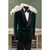 Green Velvet Blazer Double Breasted Men Pants Suit 2 Pieces Jacket Trousers Custom Made Set Formal Evening Party Dress 1
