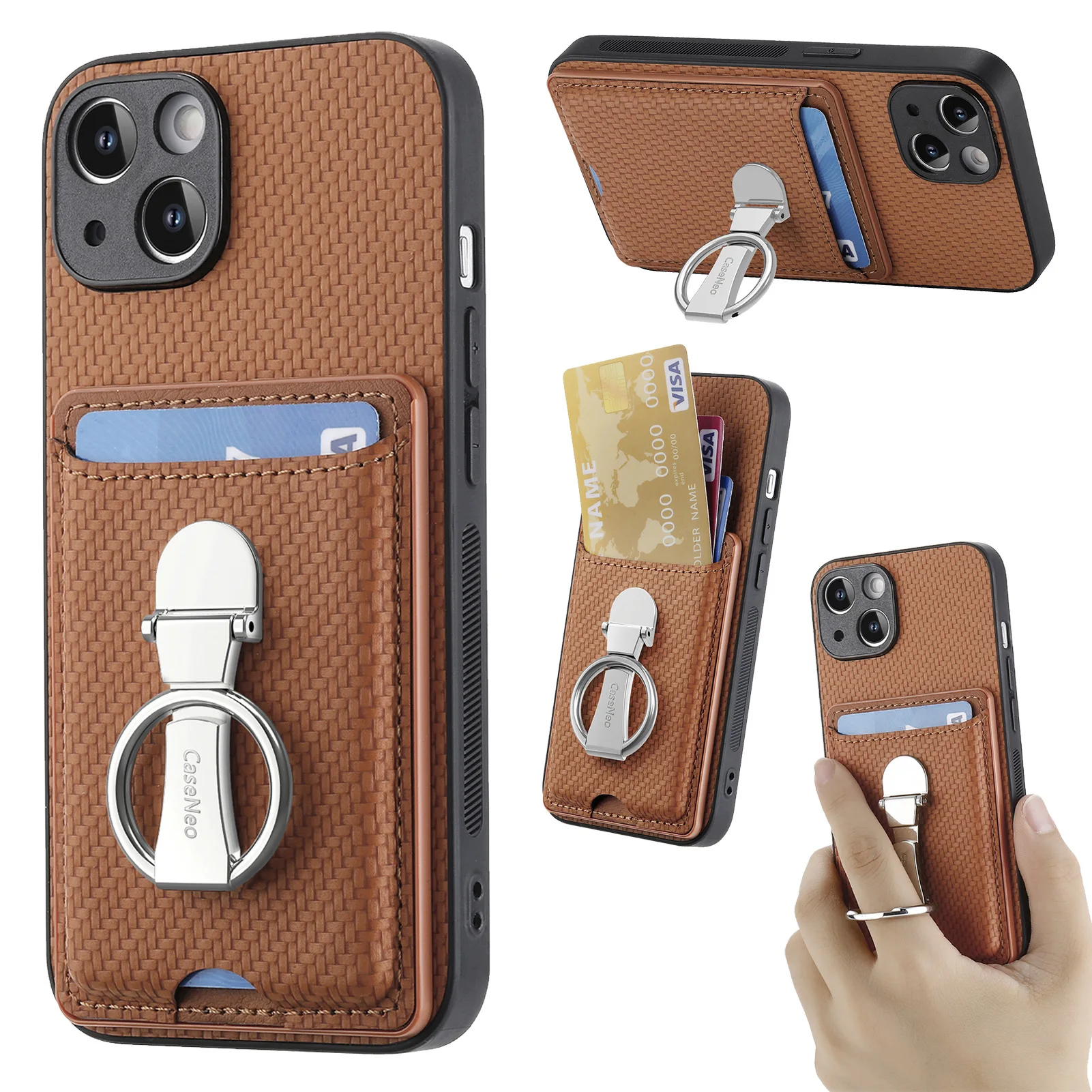 Leather Wallet Phone Case with Ring Holder and Card Slot