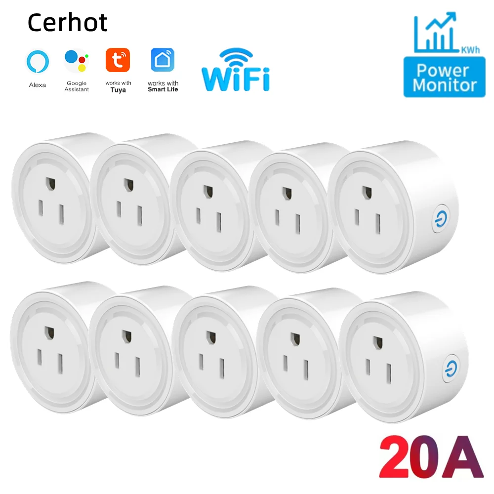 Cerhot Tuya WiFi Smart Plug US 20/16/10A with Power Monitor Remote Control Google Assistant Alexa Yandex Alice Voice Control