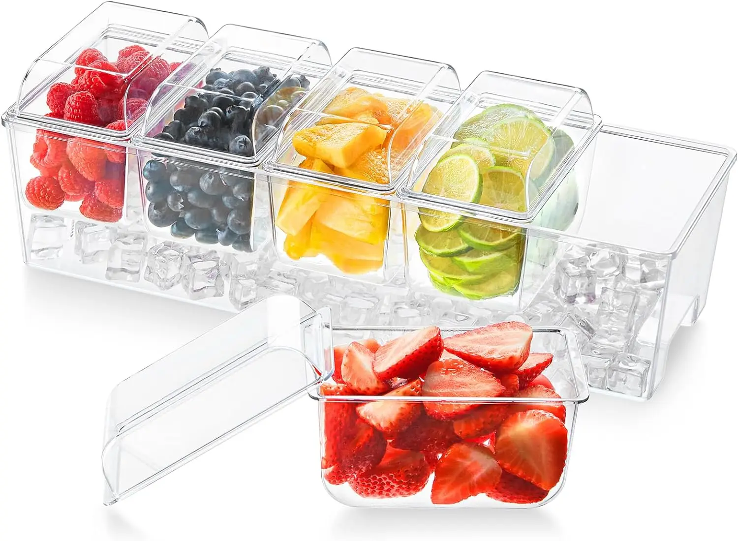 

Ice Chilled Condiment Caddy with 5 Containers(2.5 cup), Condiment Server with Separate Lids, Serving Tray Platter with Removable