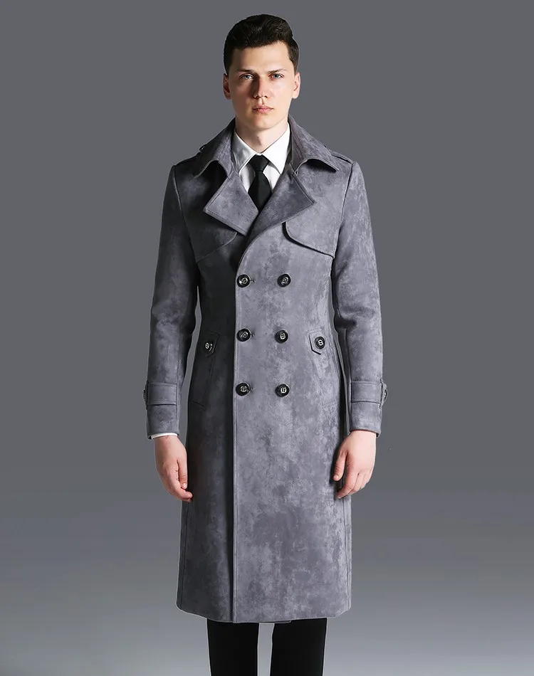 Fashion Men Solid Double Breasted Long Trench Coat Plus Size Spring Autumn Military Green Army Belted Classic Suede Trench 6XL