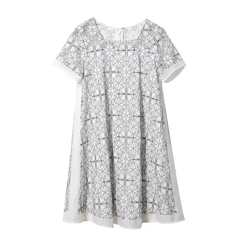 Elegant Square Collar Gauze Hollow Out Lace Vintage Dress Women Clothing 2024 Summer New Loose Office Lady Short Sleeve Dresses