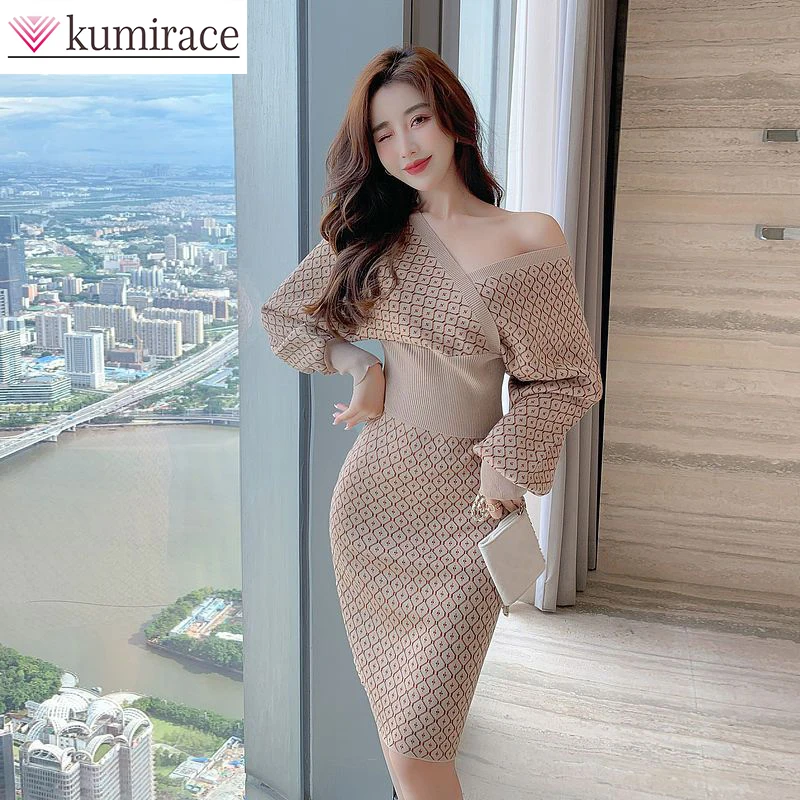 Elegant Women's Set 2023 Slim Fit Color-blocking V-neck Sexy Top Waist Wrap Hip Skirt Knitted Two-piece Skirt Set Party Dresses slit bodycon dress for woman 2023 autumn and winter new fashion color blocking checkered printed half skirt round neck slim fit