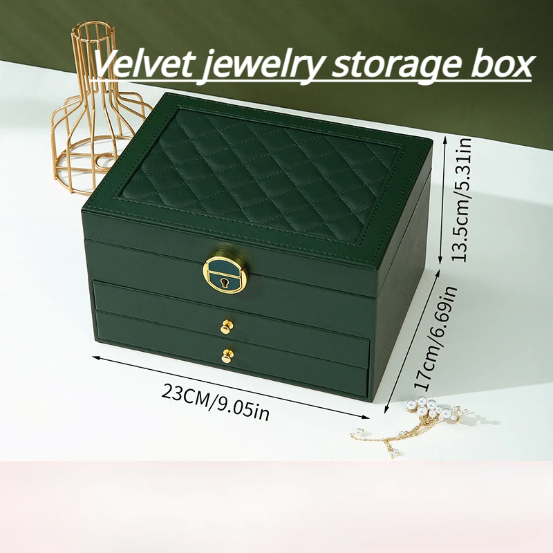 

Classic style 3-layer dark green velvet jewelry storage box Large capacity makeup rack Case Women's jewelry box with lock
