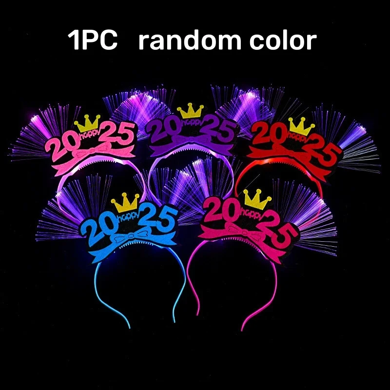 1pc Glowing LED Light up 2025 Happy New Year Headband Creative Hair Band Hoops Colorful Headpiece for Party Wedding Christmas