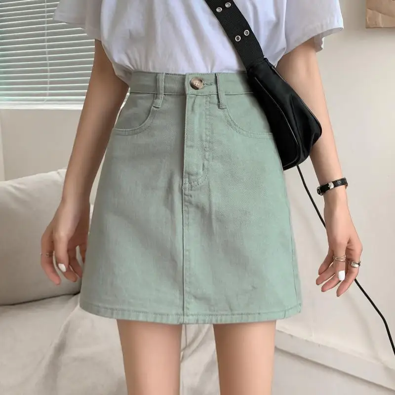 Ailegogo New Summer Women High Waist A-line Light Green Short Denim Skirt Casual Female Solid Color Basic Short Jeans Skirts mini skirts for women