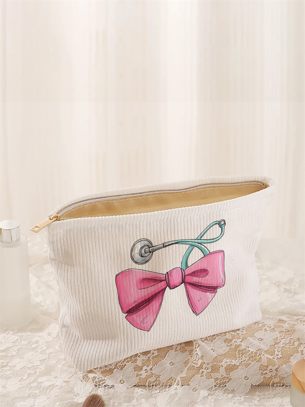 Butterfly pattern printed corduroy makeup bag, lightweight zipper makeup storage box, multifunctional bag with lining
