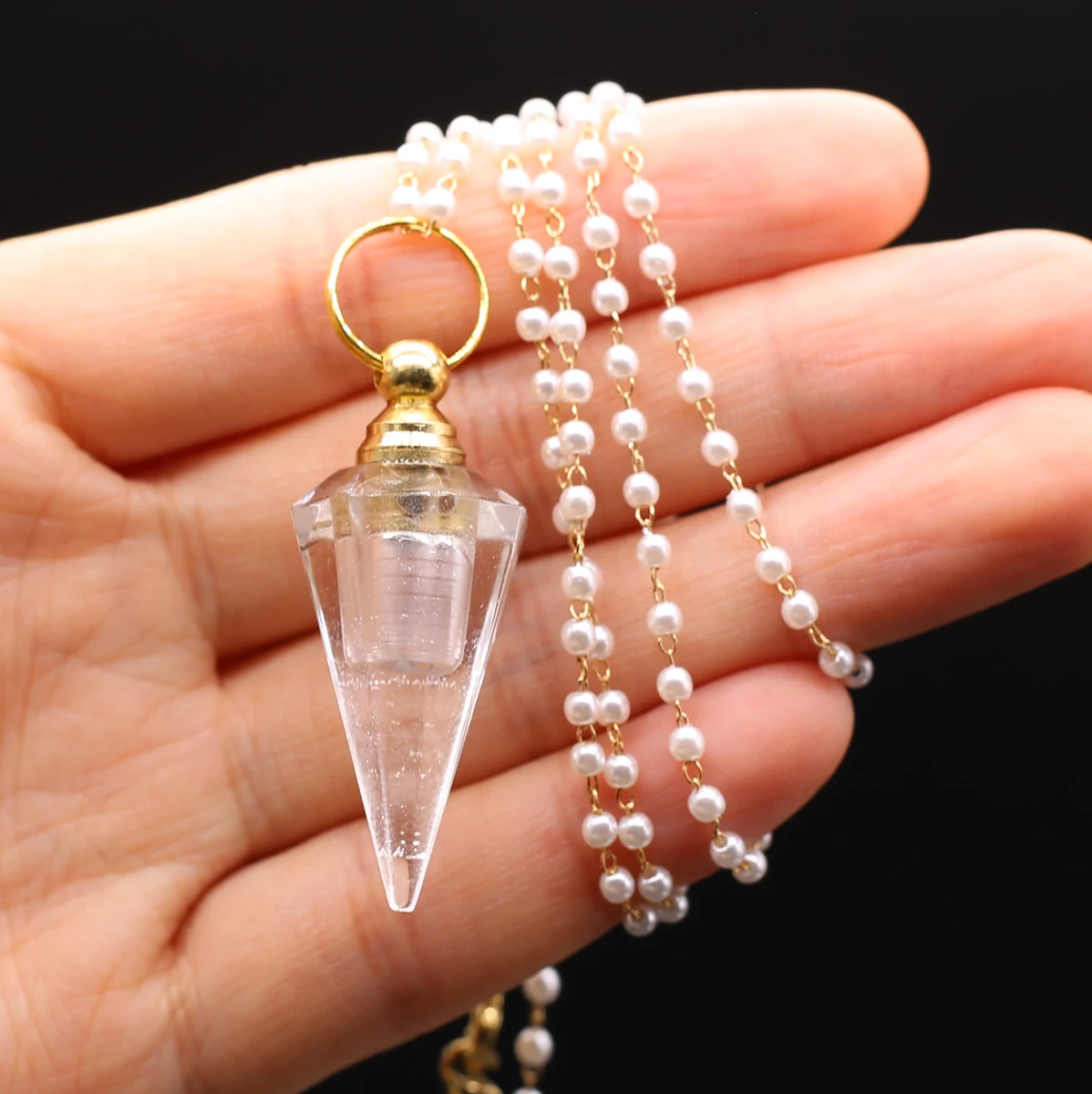 

White Crystal Perfume Bottle Pendant Necklace Pearls Chain Natural Stone Clear Quartz Essential Oil Vial Necklaces Women Jewelry