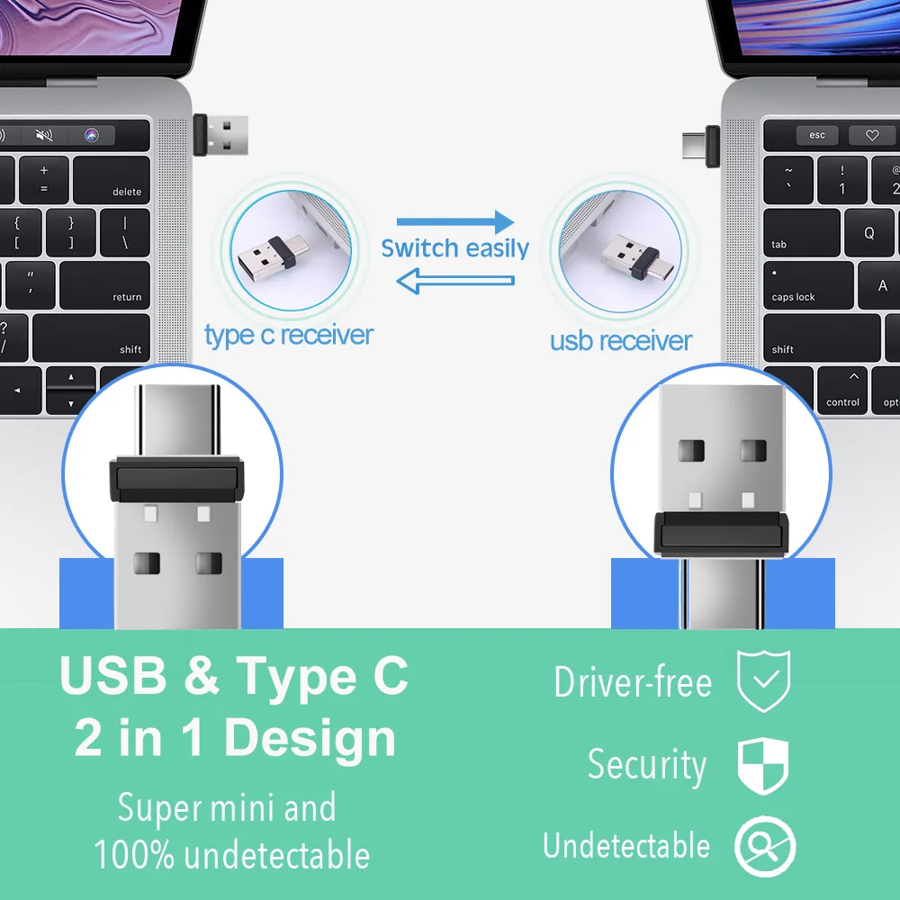 2 in 1 Mouse Jiggler Mover Wiggler Undetectable Shaker USB &usb c Port for Computer Laptop, Keeps PC Awake