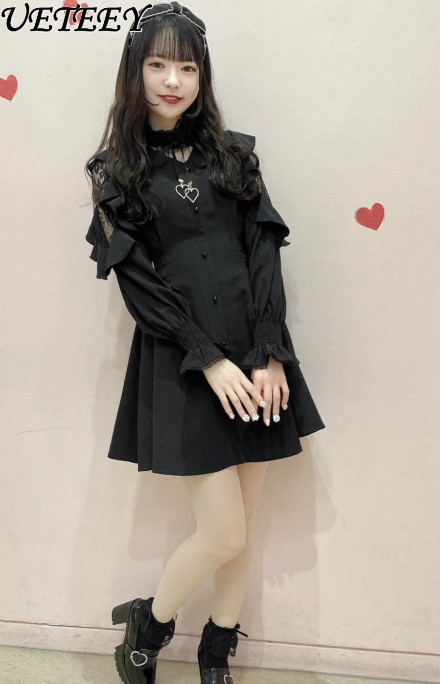 

Japanese Rojita Dresses Women Lace Love Pendant Bow Ruffles Mine Lolita Slim Waist Long Sleeve Black Dress Vestido Feminino