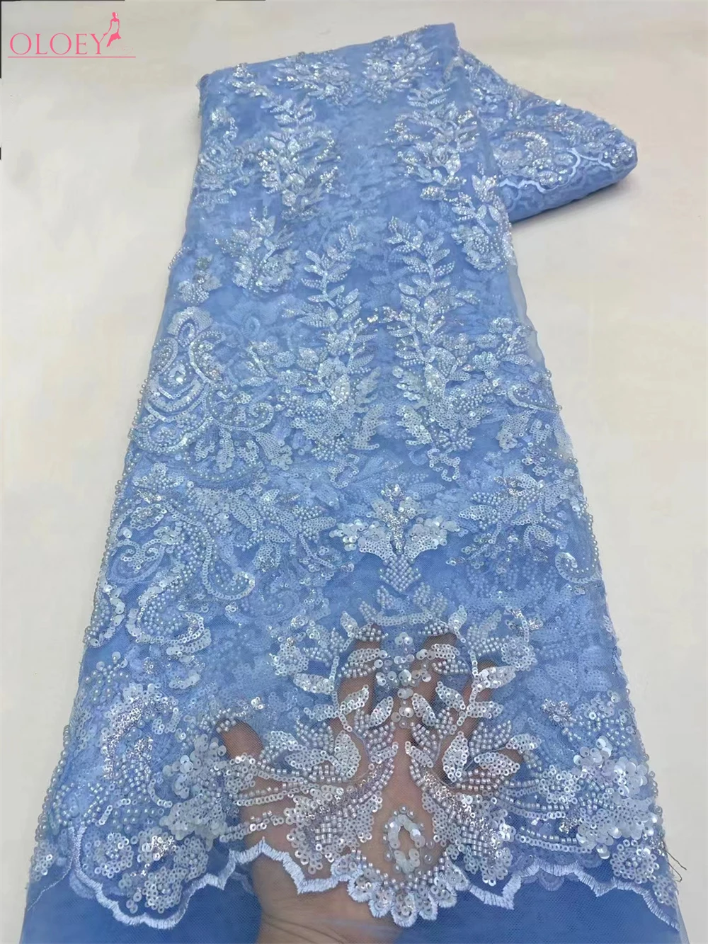 

2024 Fashion Elegant French Embroidery Beaded Lace Fabric African Nigerian With Sequins Fabric For Wedding Dress