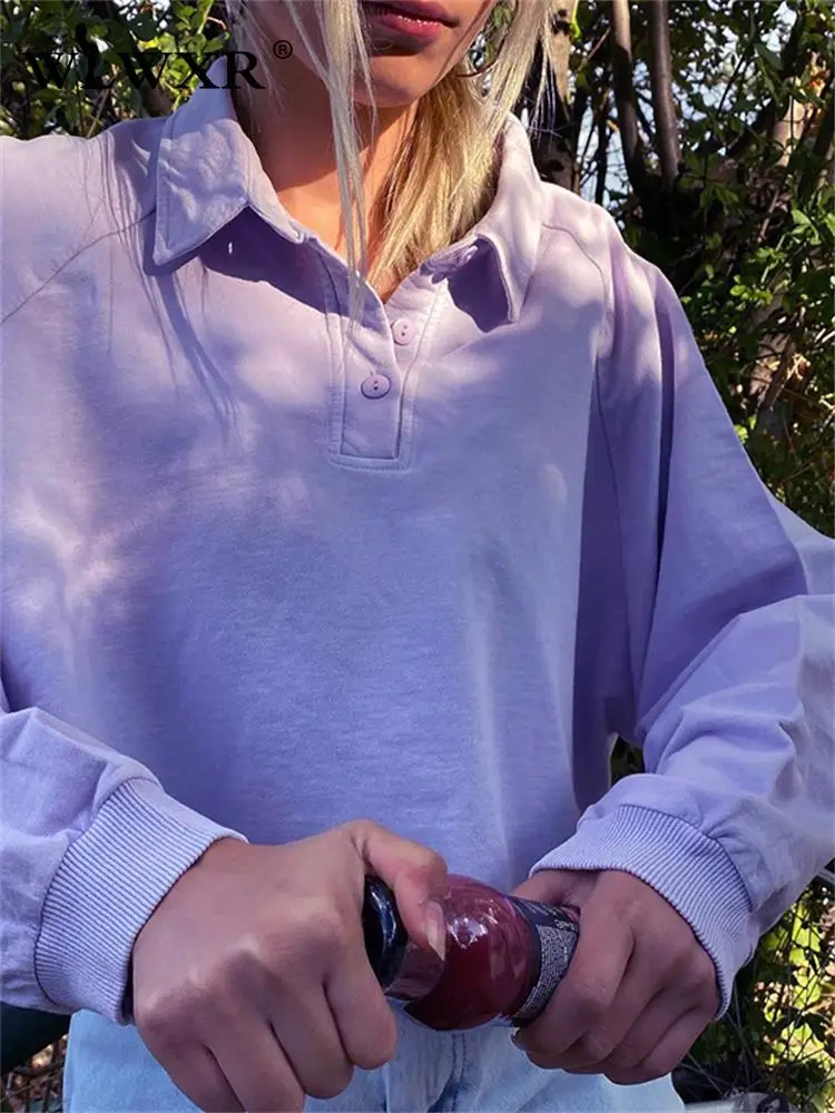 

WLWXR Fall Loose Women Sweatshirts Long Sleeve Turn-down Collar Long Sleeve Top Coffee Blue Sweatshirts Soild Sweatshirt Women