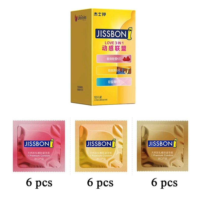 Jissbon Ultra Thin Condoms 3 In 1 Set 18Pcs/Box Sex Natural Rubber Latex Penis Sleeve Long-Lasting For Men